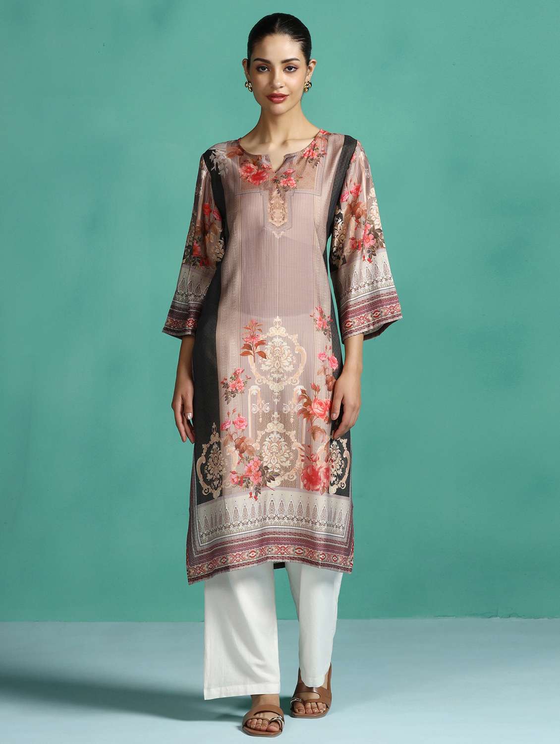 women printed three quarter sleeve straight kurta - 22502069 -  Standard Image - 2