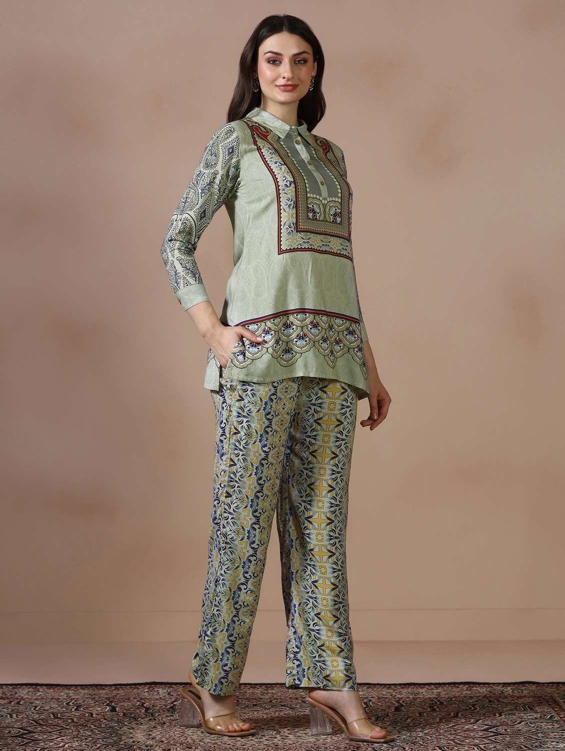 women printed three quarter sleeve ethnic co-ord set - 22502084 -  Standard Image - 2
