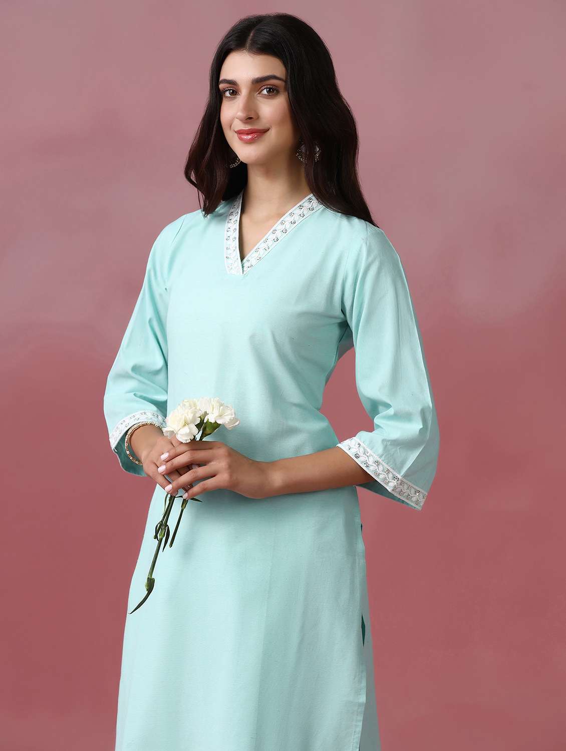 women solid three quarter sleeve kurta pant set - 22502090 -  Standard Image - 2