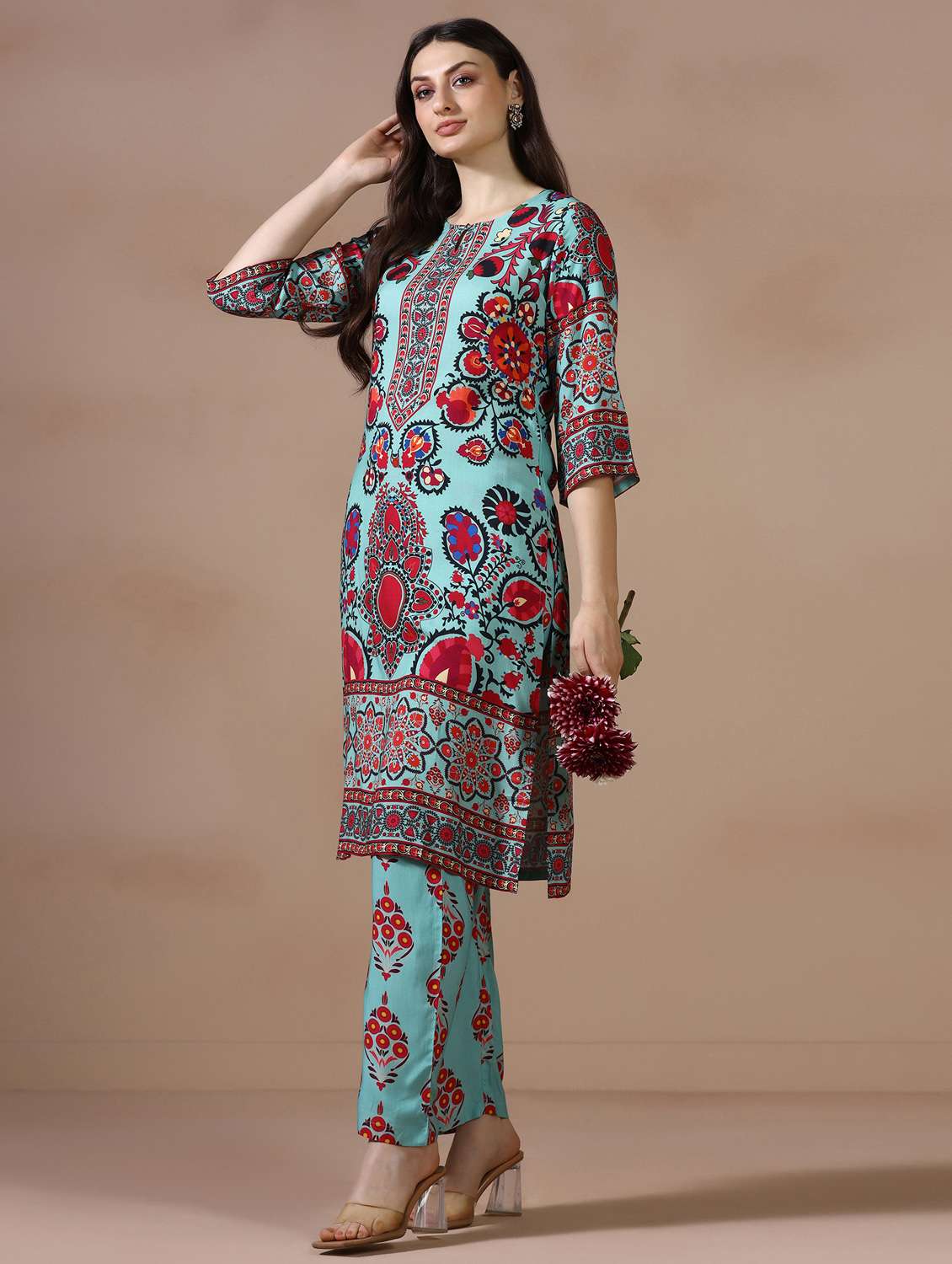women printed three quarter sleeve kurta pant set - 22502095 -  Standard Image - 2