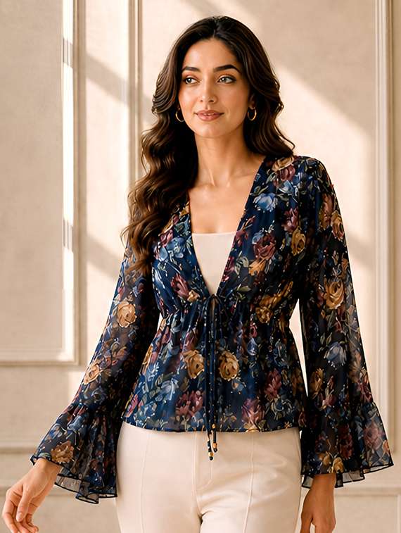 women printed bell sleeves peplum top - 22502100 -  Standard Image - 2