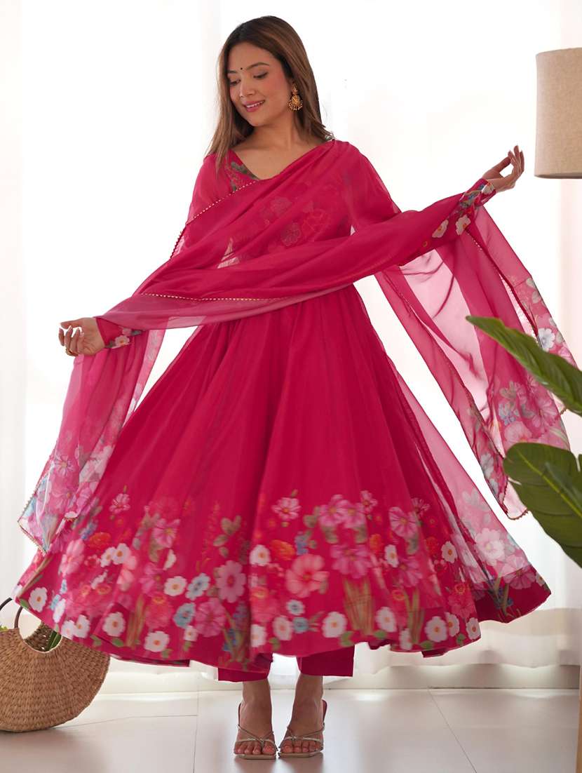 women printed long sleeves anarkali suit set