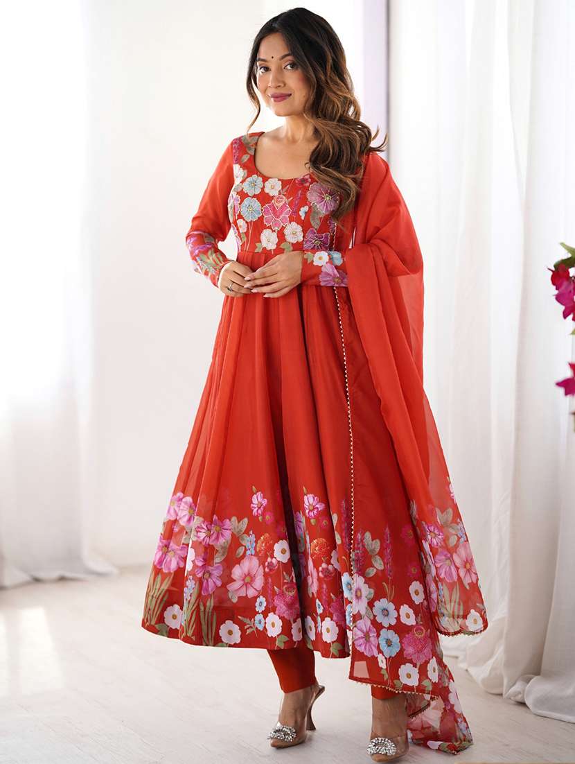 women printed long sleeves anarkali suit set