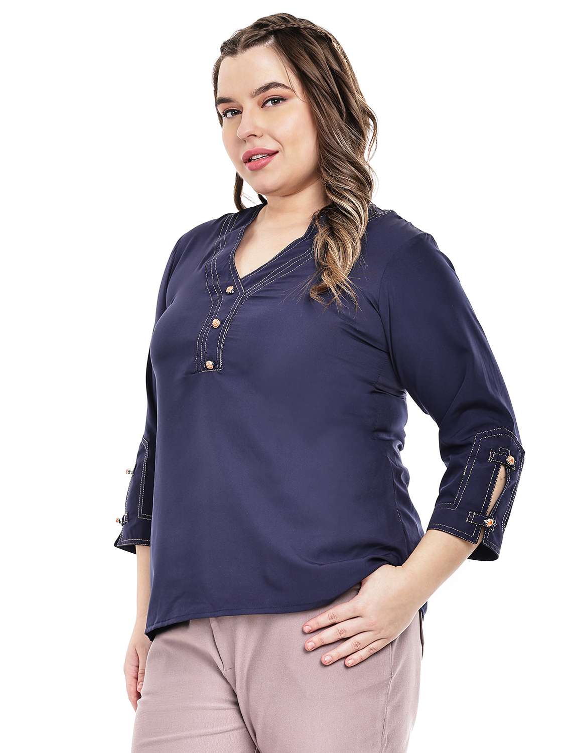 women solid three quarter sleeve regular top - 22502118 -  Standard Image - 2