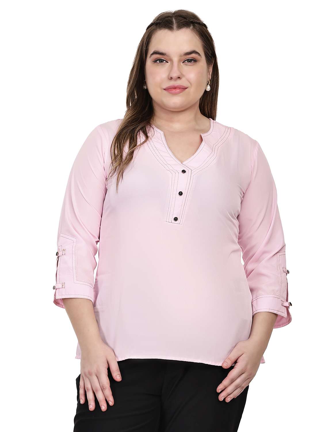 women solid notch neck three quarter sleeves top