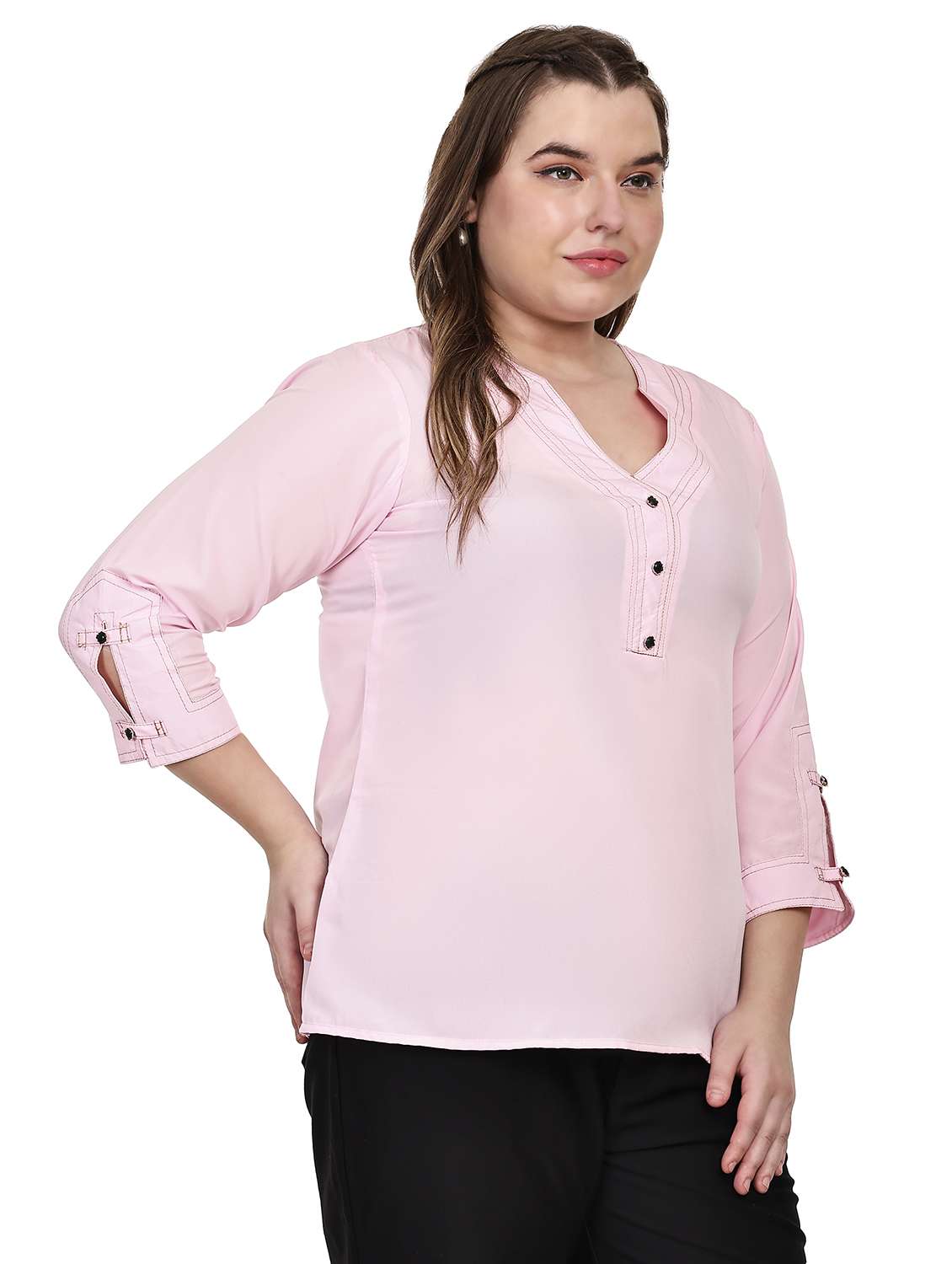women solid notch neck three quarter sleeves top - 22502121 -  Standard Image - 2