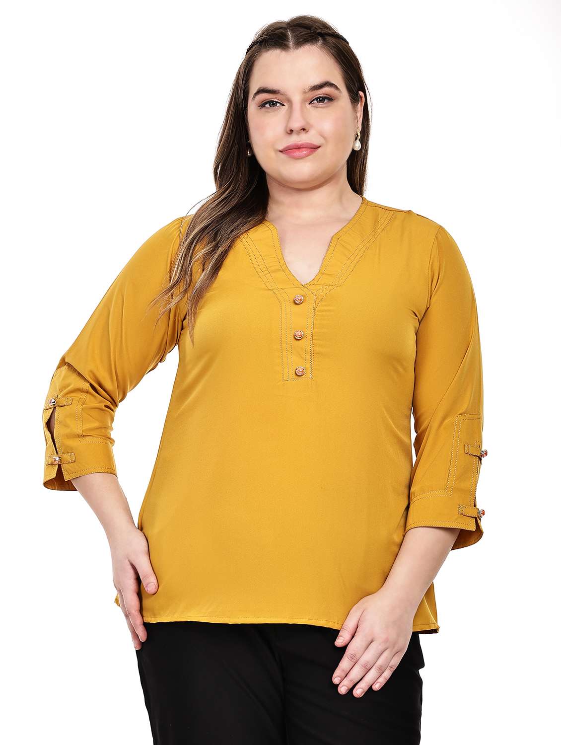 women solid notch neck three quarter sleeves top