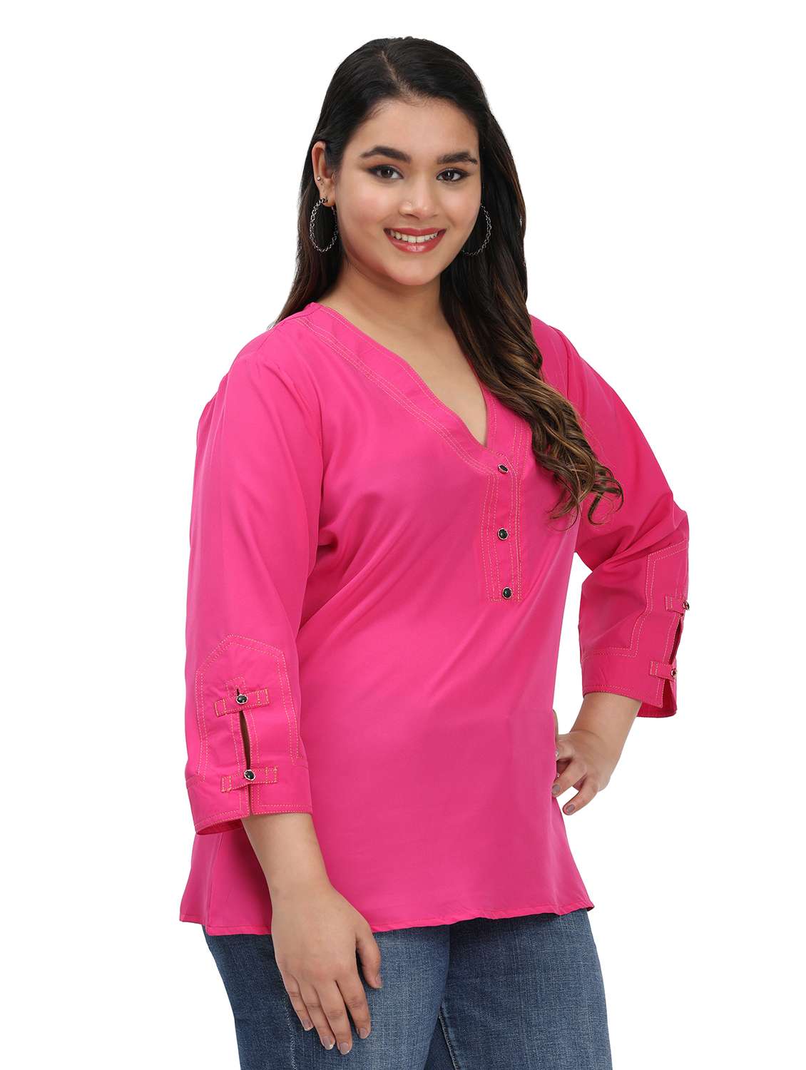 women solid notch neck three quarter sleeves top - 22502125 -  Standard Image - 2