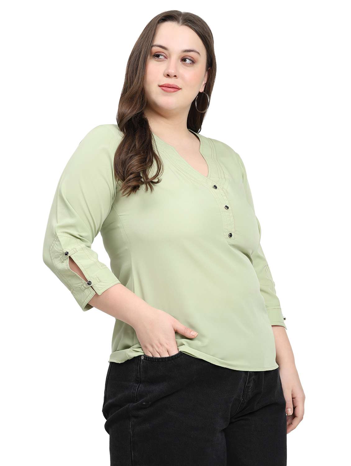women solid notch neck three quarter sleeves top - 22502126 -  Standard Image - 2