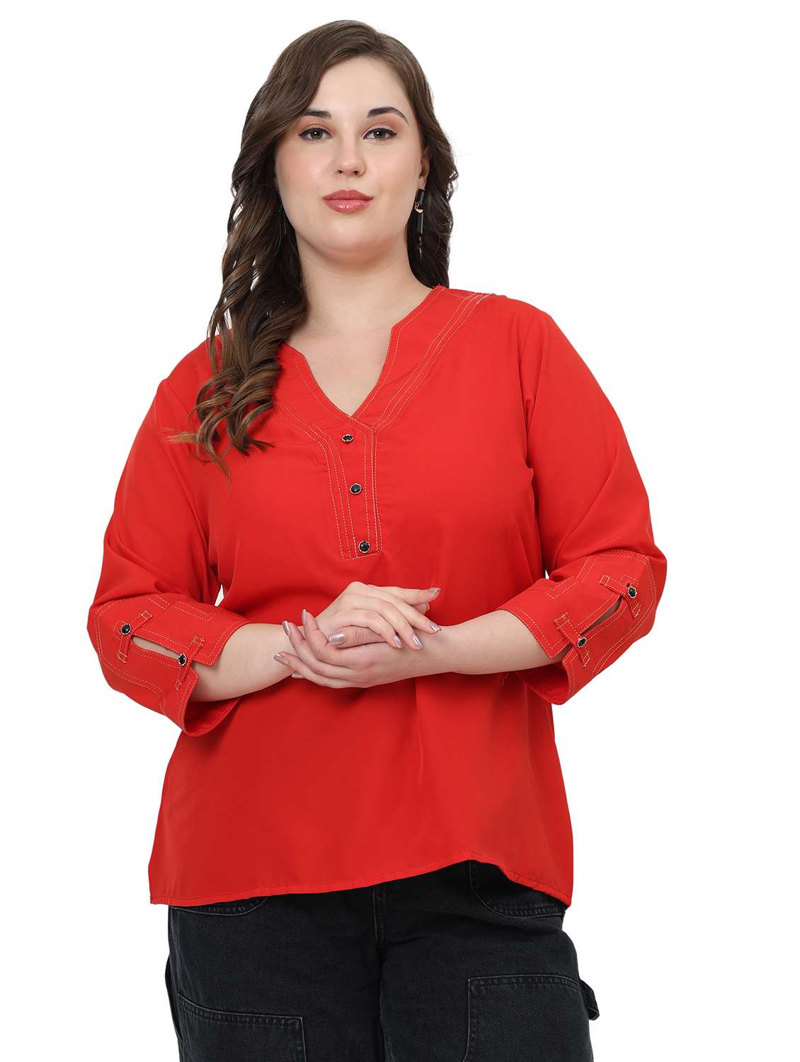 women solid notch neck three quarter sleeves top