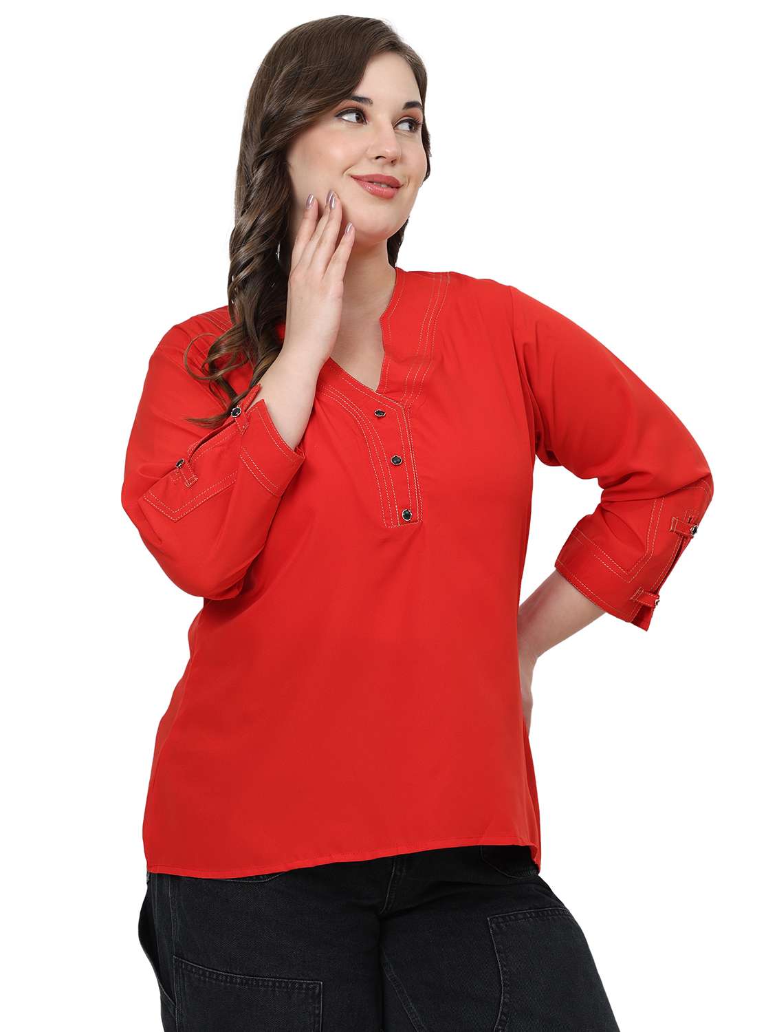 Women Solid Notch Neck Three Quarter Sleeves Top - 22502128 -  Standard Image - 2