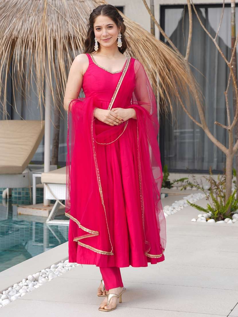 women solid sleeveless anarkali suit set