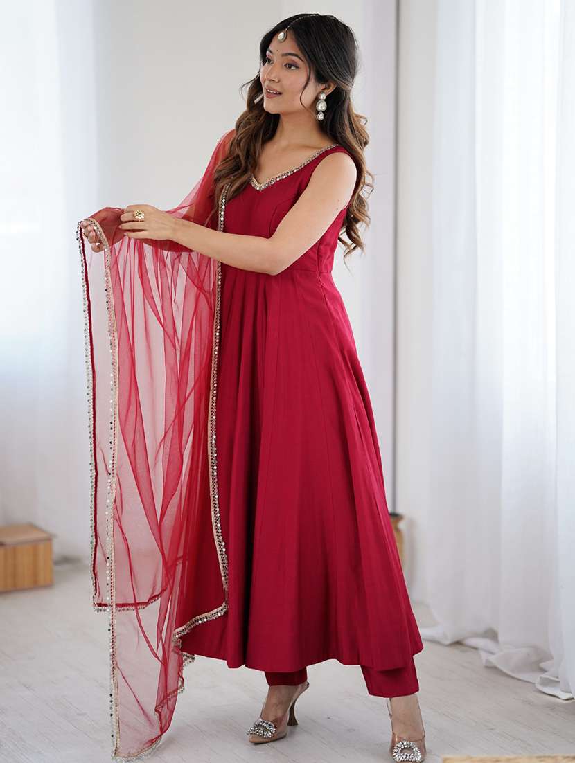 women solid sleeveless anarkali suit set - 22502148 -  Standard Image - 2