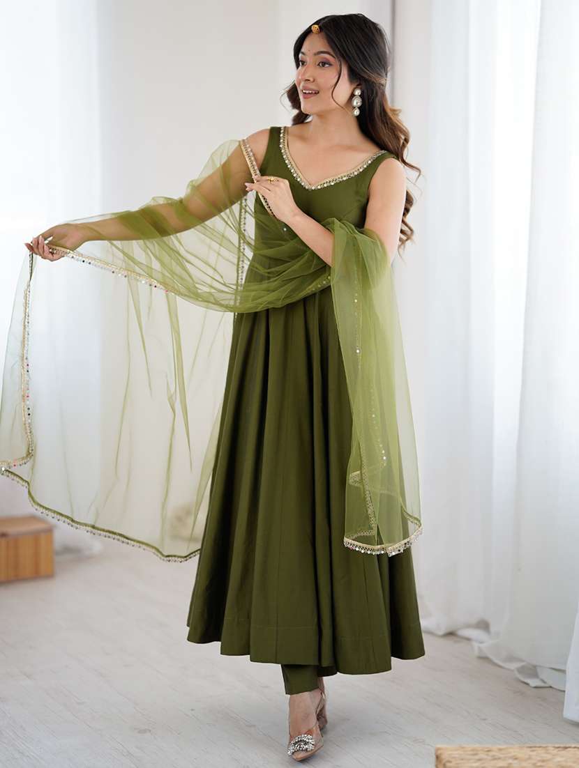 green silk anarkali suit with dupatta and pants - 22502149 -  Standard Image - 2