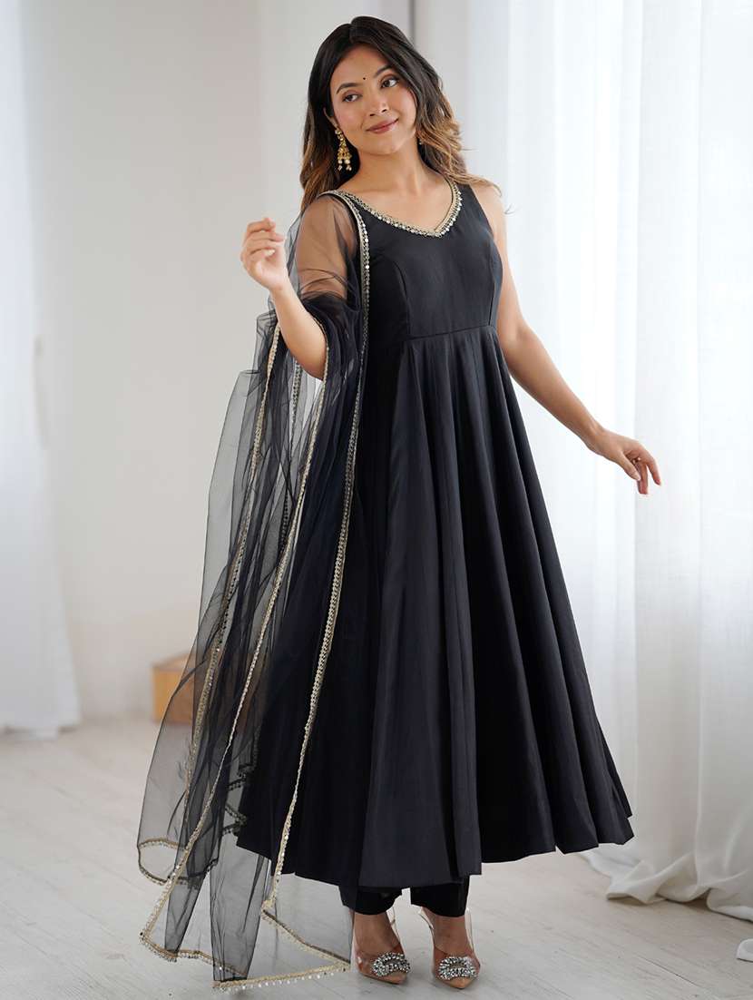 women solid sleeveless anarkali suit set - 22502152 -  Standard Image - 2