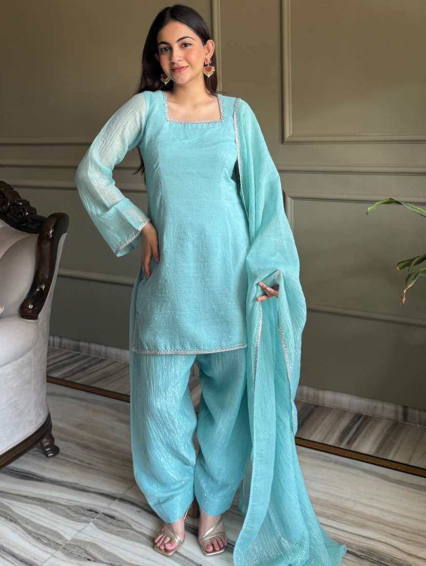 women self design long sleeves kurta and patiala suit set