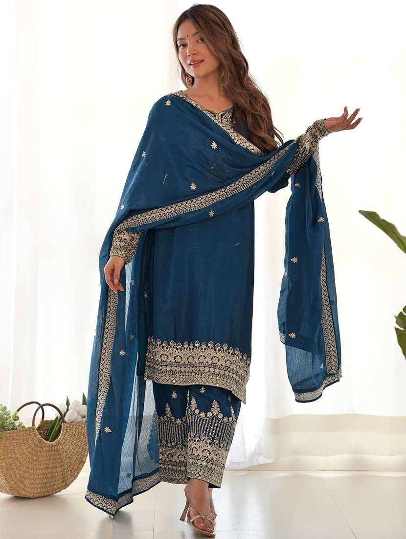 women embroidered long sleeves kurta and pant suit set - 22502159 -  Standard Image - 2