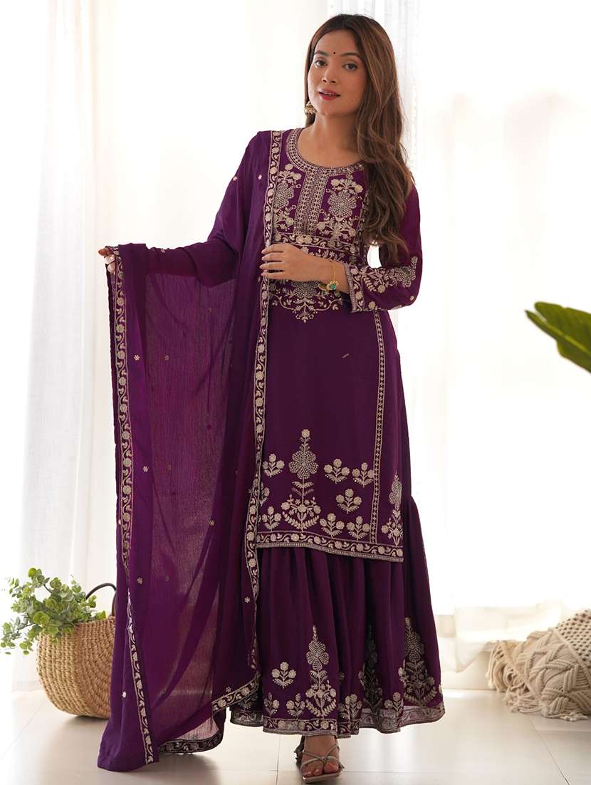 women embroidered round neck kurta and sharara suit set