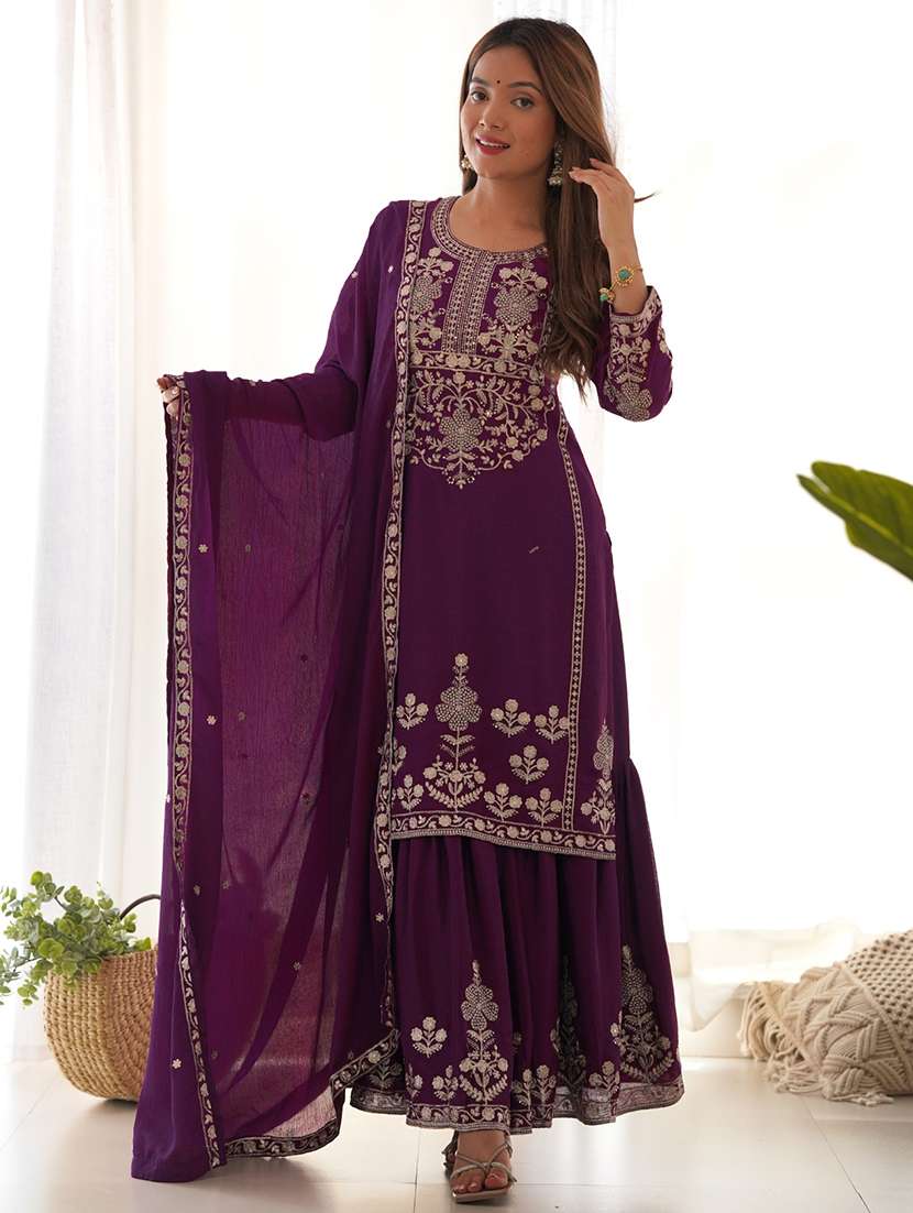 women embroidered round neck kurta and sharara suit set - 22502160 -  Standard Image - 2
