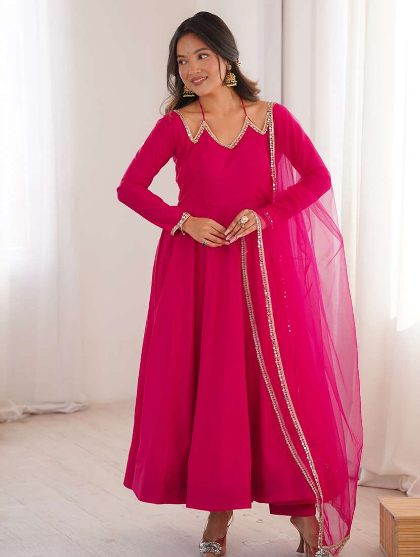 women solid long sleeves anarkali suit set
