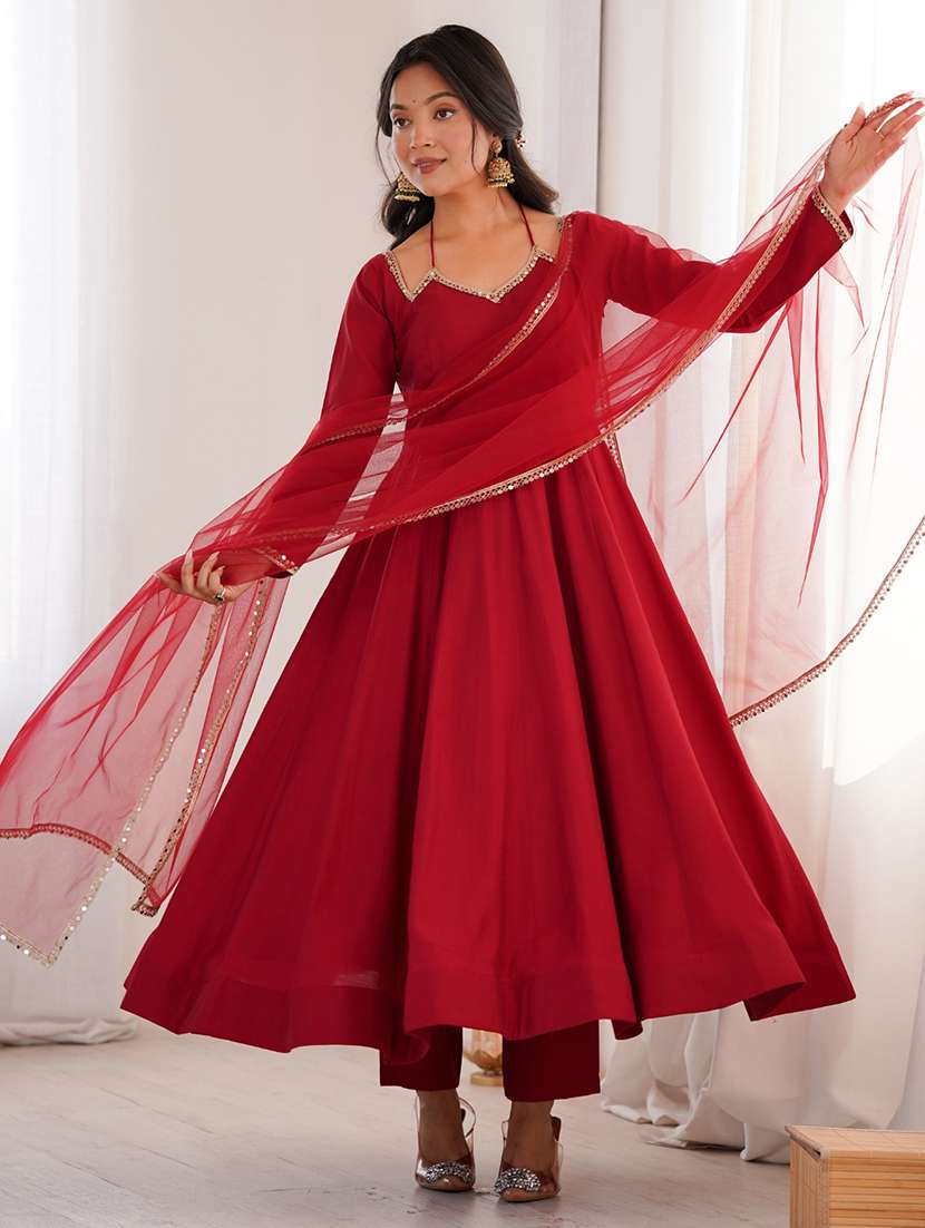 women solid long sleeves anarkali suit set