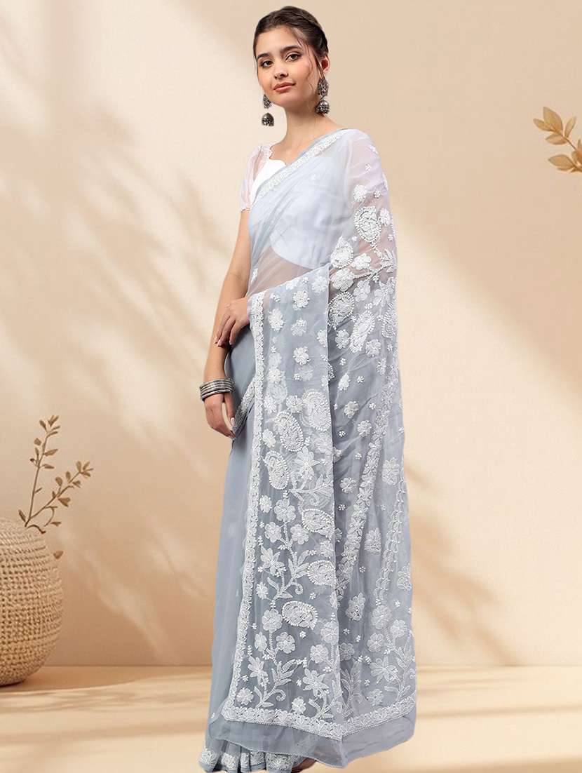 women solid with work chikankari saree with blouse - 22502260 -  Standard Image - 2