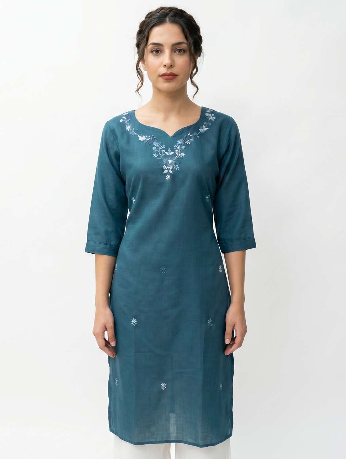 women solid with work three quarter sleeve straight kurta - 22502425 -  Standard Image - 2