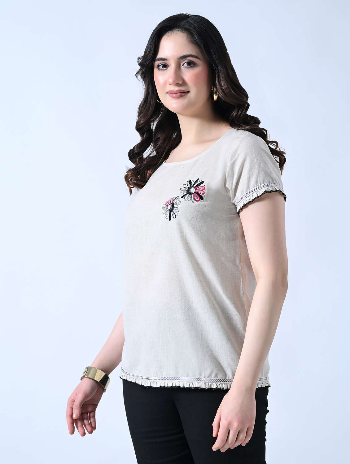women embroidered round neck short sleeves top - 22502613 -  Standard Image - 2