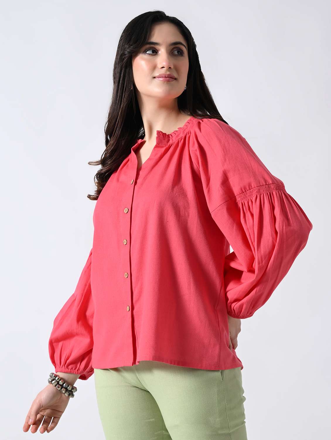 women solid bishop sleeves shirt - 22502614 -  Standard Image - 2