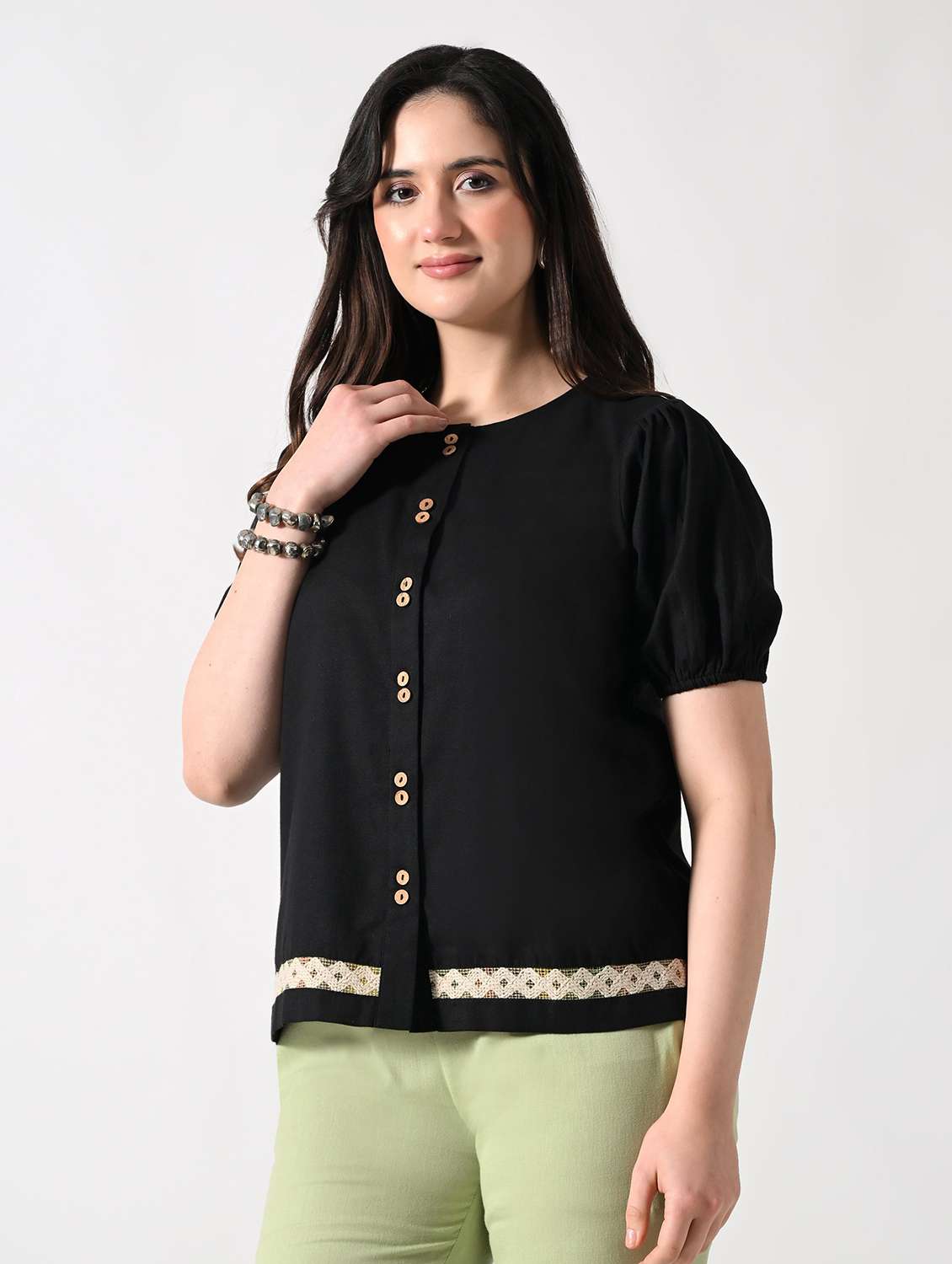women solid puff sleeves round neck top - 22502615 -  Standard Image - 2