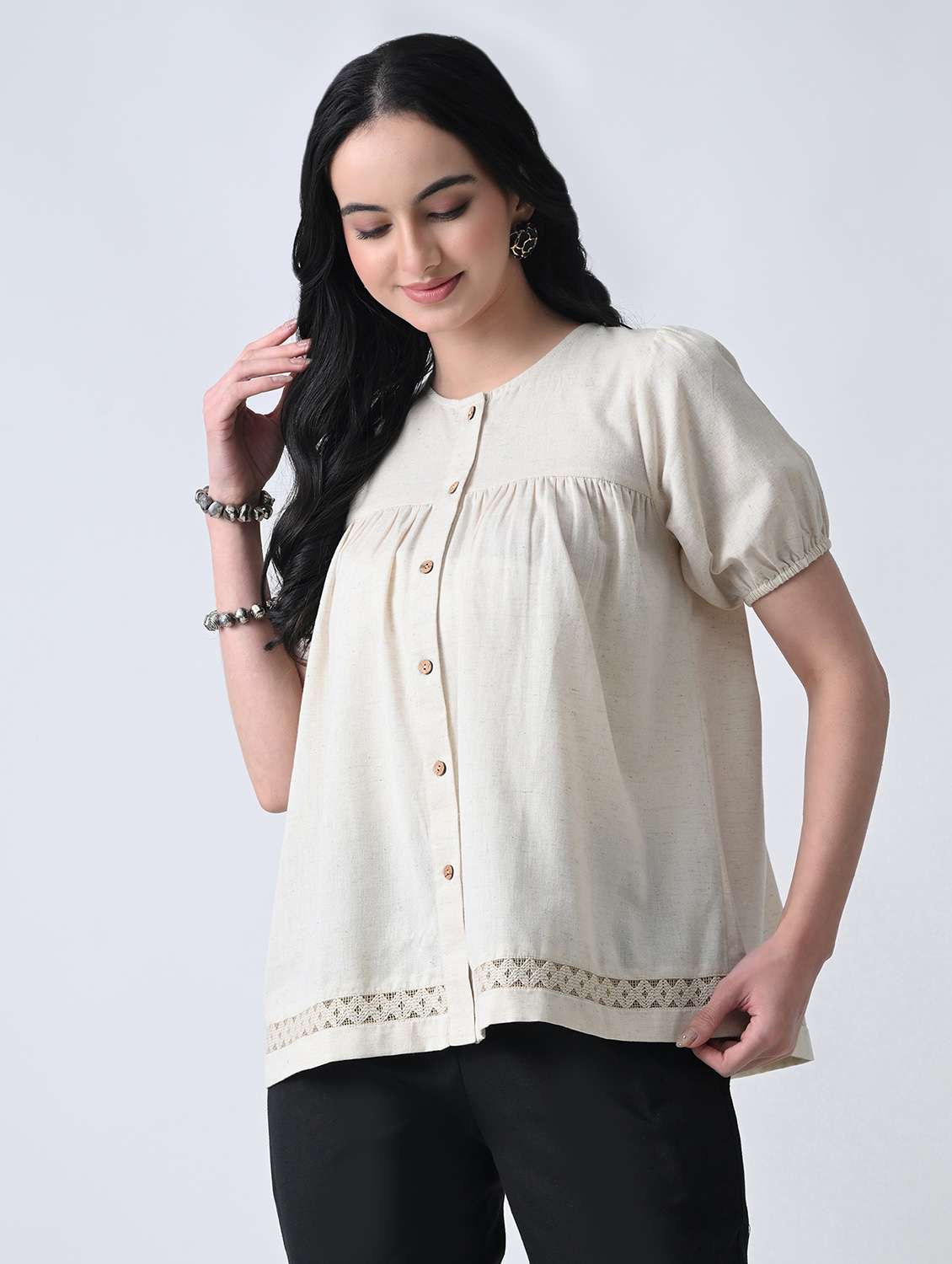 women solid round neck puff sleeves top - 22502617 -  Standard Image - 2
