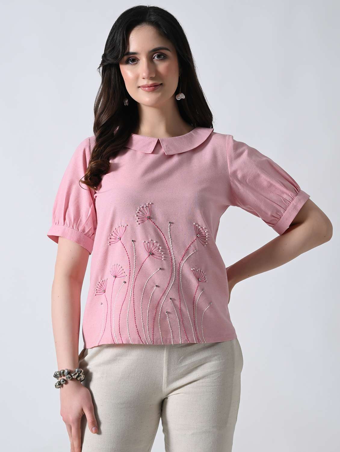 women embroidered peter pan collar top