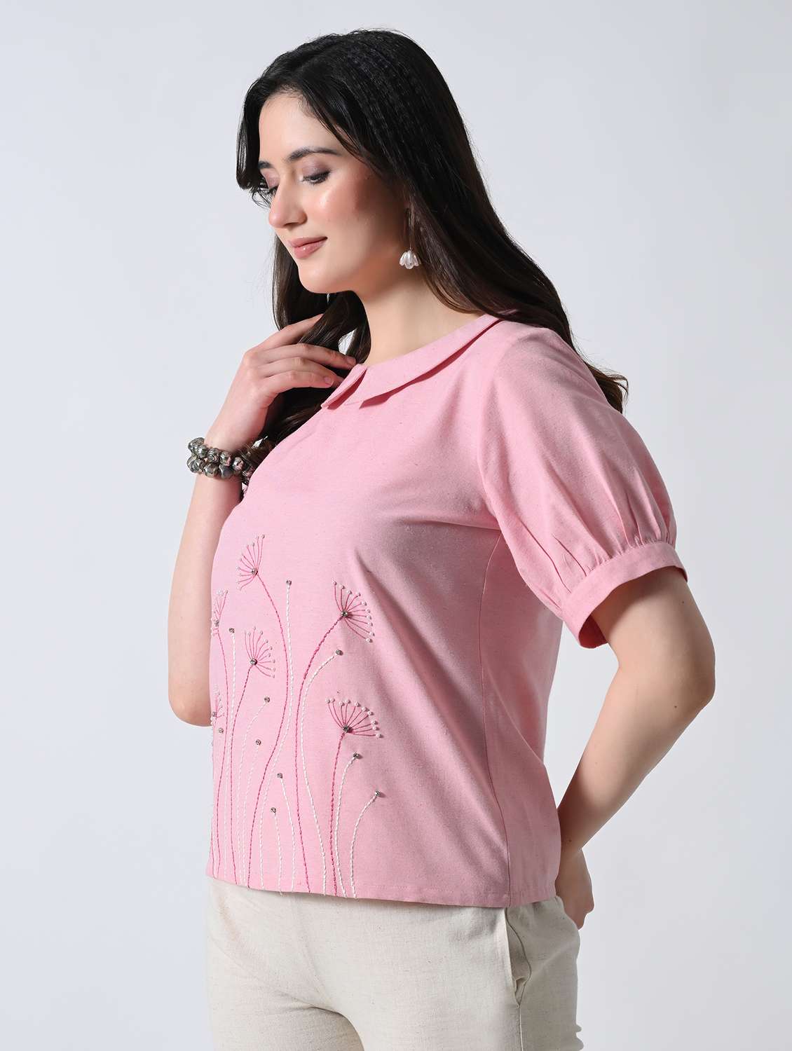 women embroidered peter pan collar top - 22502619 -  Standard Image - 2