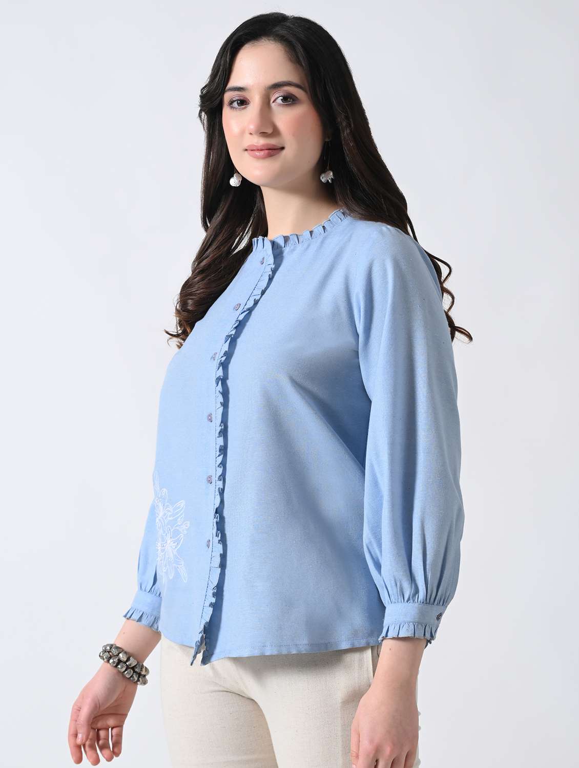 women solid round neck ruffle shirt - 22502620 -  Standard Image - 2