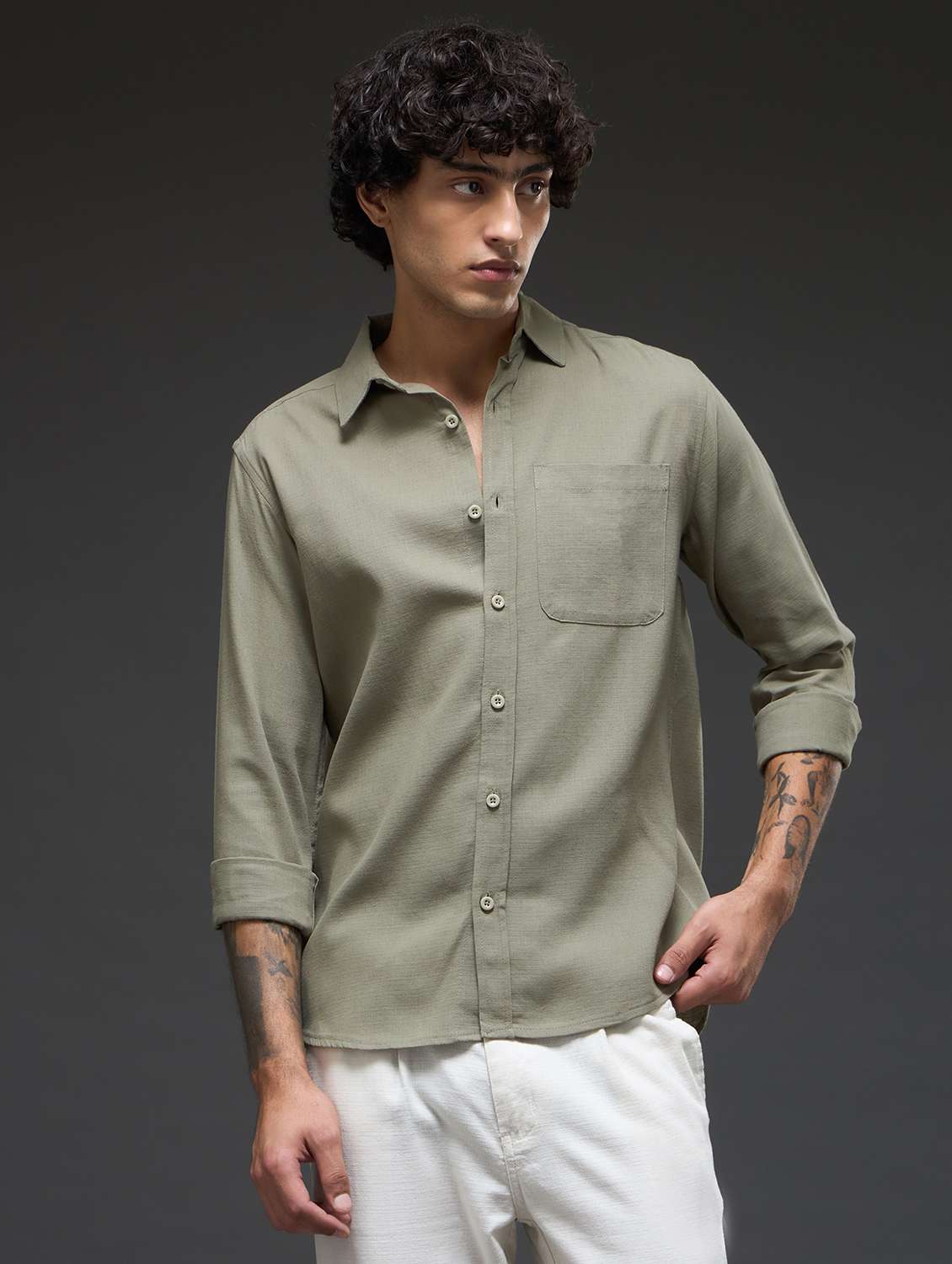 olive cotton casual shirt - 22502630 -  Standard Image - 2