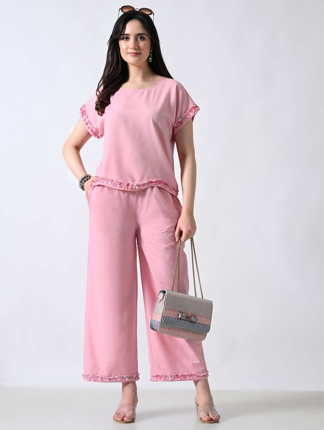 women solid round neck top and palazzo co-ord set