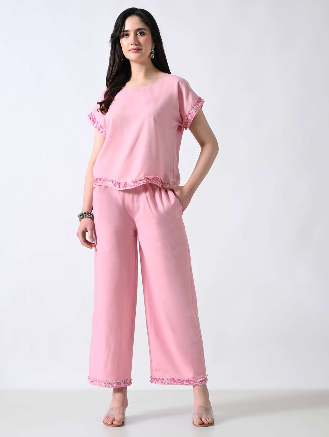 women solid round neck top and palazzo co-ord set - 22502634 -  Standard Image - 2