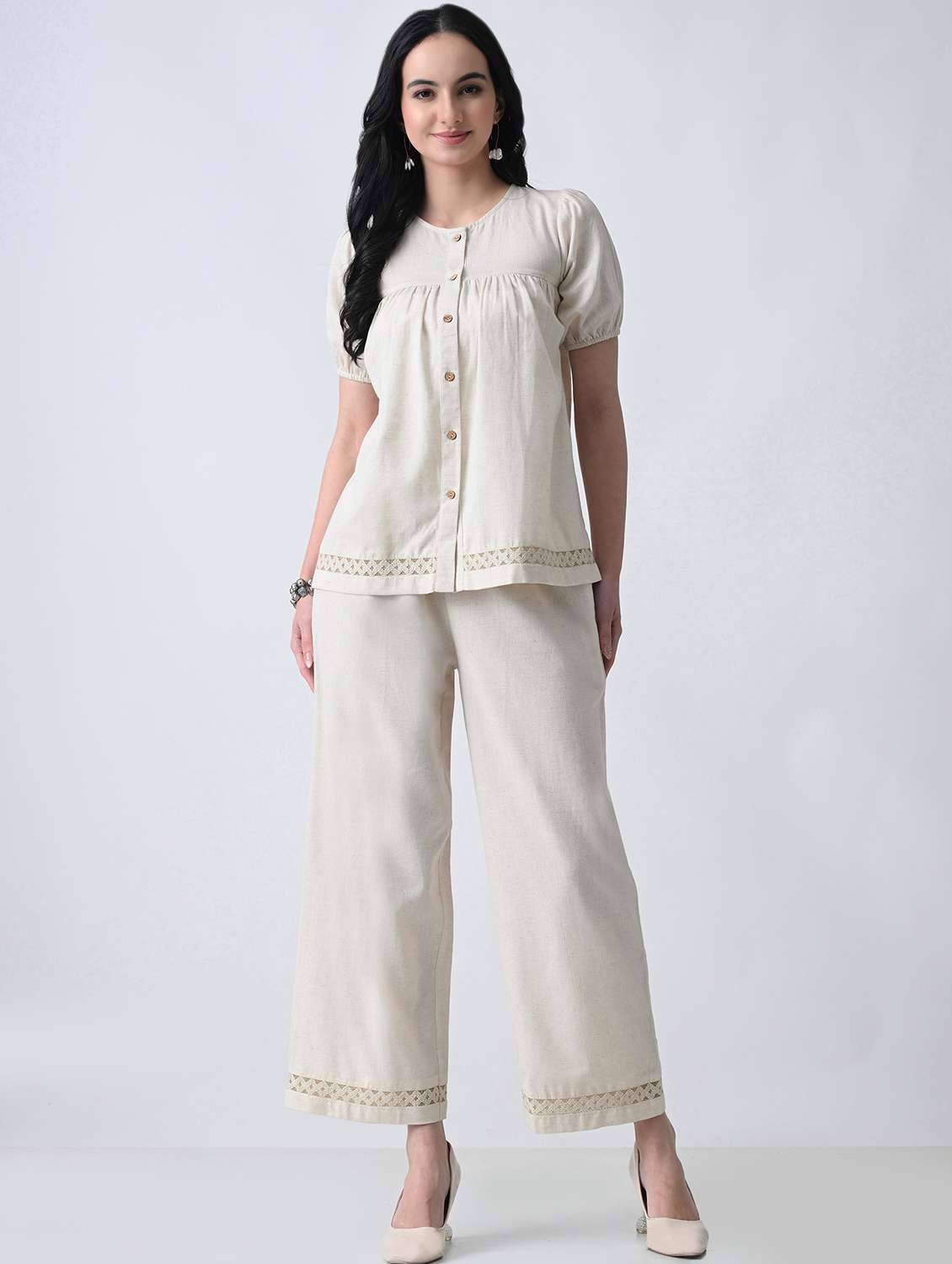women solid round neck top and palazzo co-ord set - 22502635 -  Standard Image - 2