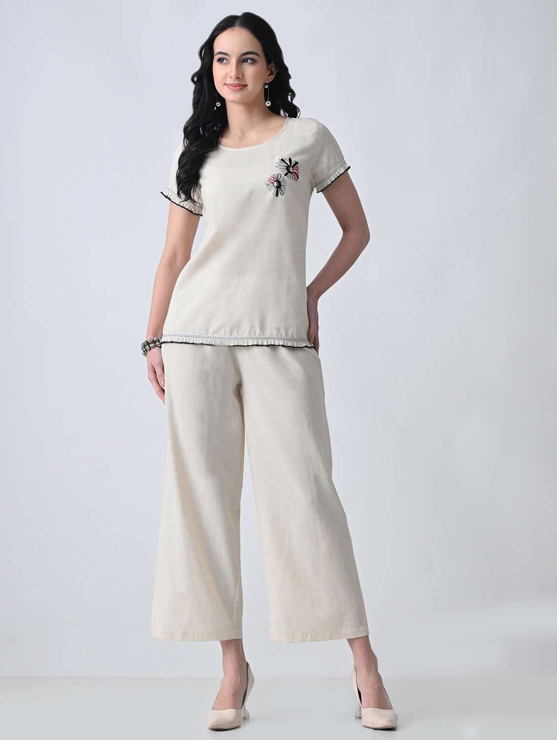 women embroidered  round neck top and palazzo co-ord set - 22502636 -  Standard Image - 2