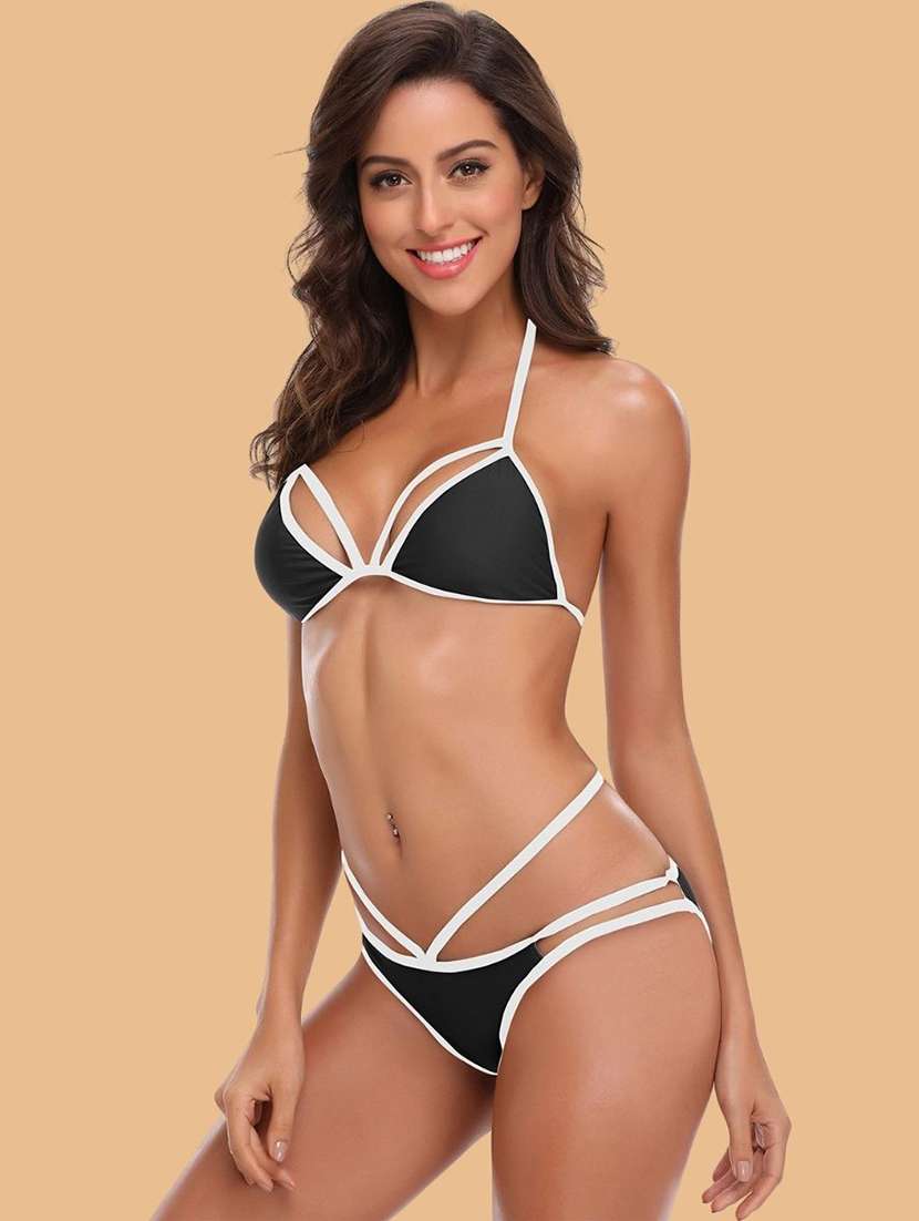 women solid halter neck bikini set - 22502749 -  Standard Image - 2