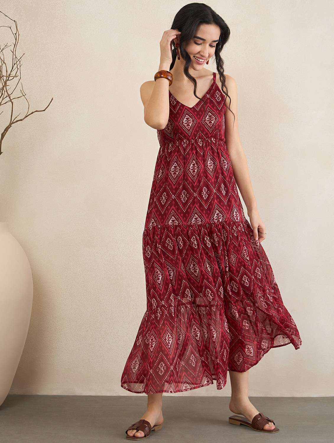 women printed shoulder strap tiered dress - 22502912 -  Standard Image - 2