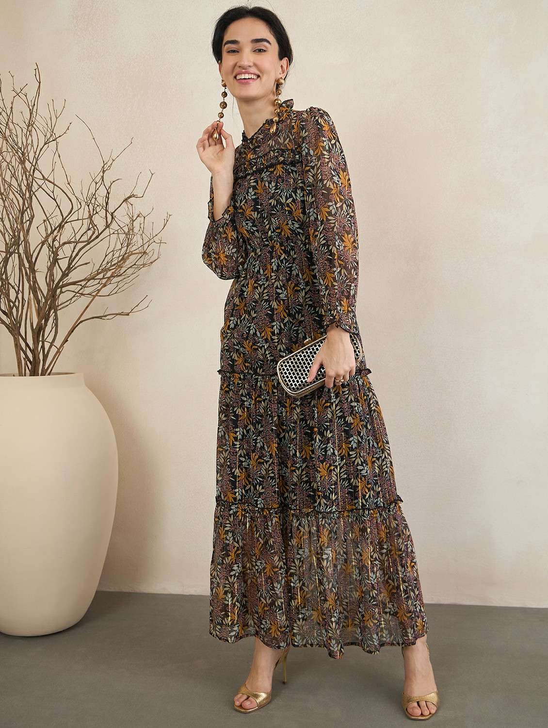 women floral printed tiered maxi dress