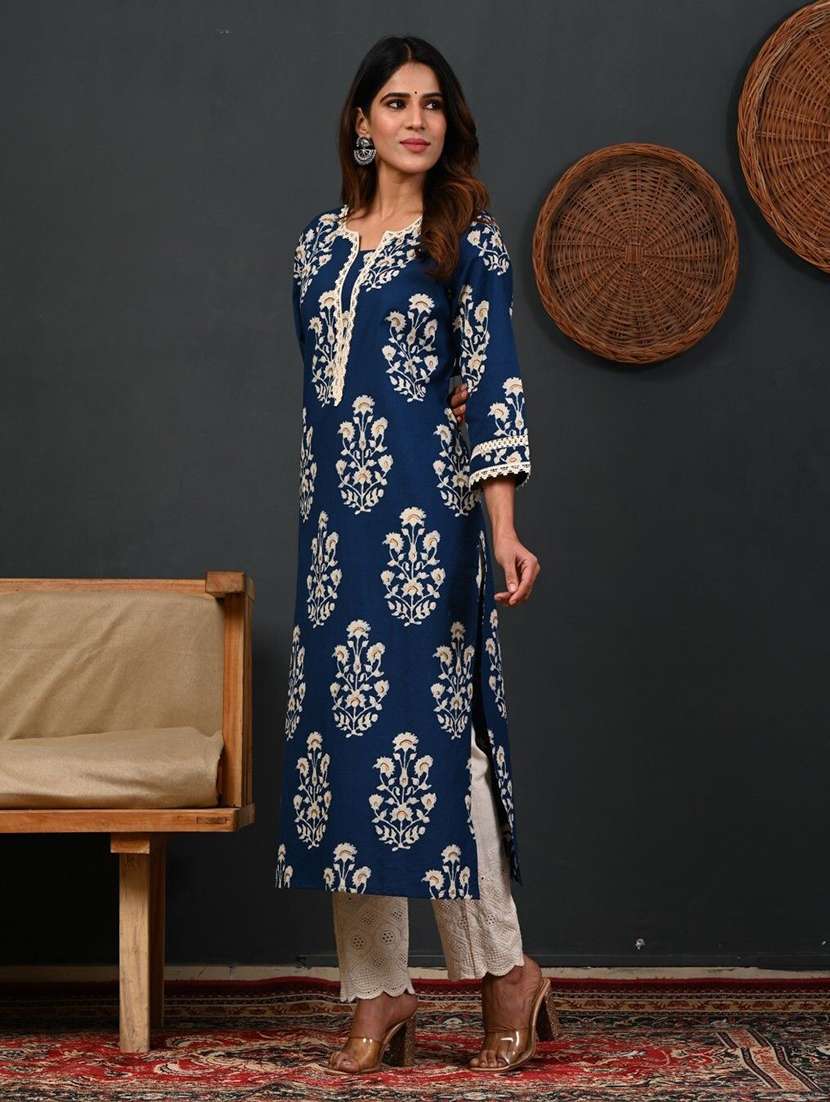 women printed three quarter sleeve straight kurta - 22502919 -  Standard Image - 2