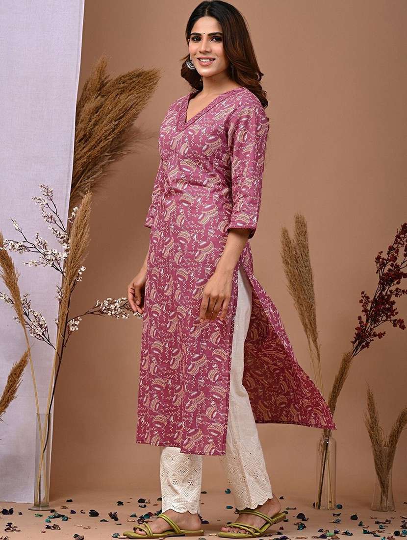 women printed three quarter sleeve straight kurta - 22502921 -  Standard Image - 2