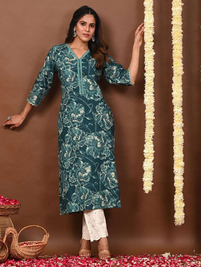 women printed three quarter sleeve straight kurta