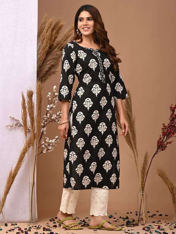 women printed three quarter sleeve straight kurta - 22502924 -  Standard Image - 2