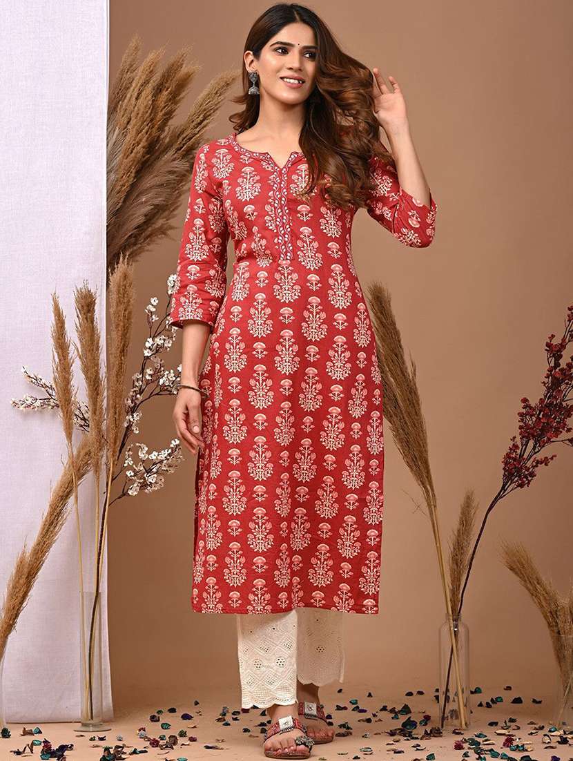 women printed three quarter sleeve straight kurta - 22502925 -  Standard Image - 2