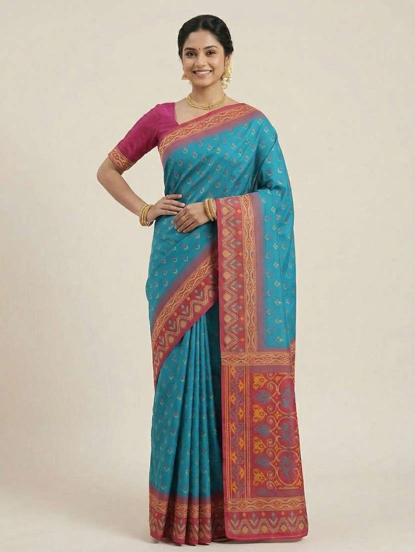 women ikat bodered saree with blouse - 22503093 -  Standard Image - 2