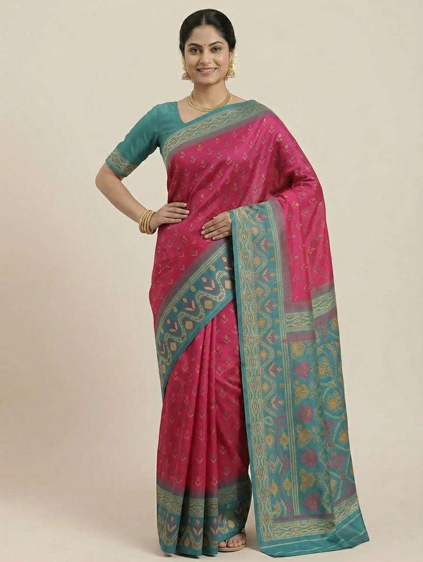 women ikat bodered saree with blouse - 22503096 -  Standard Image - 2