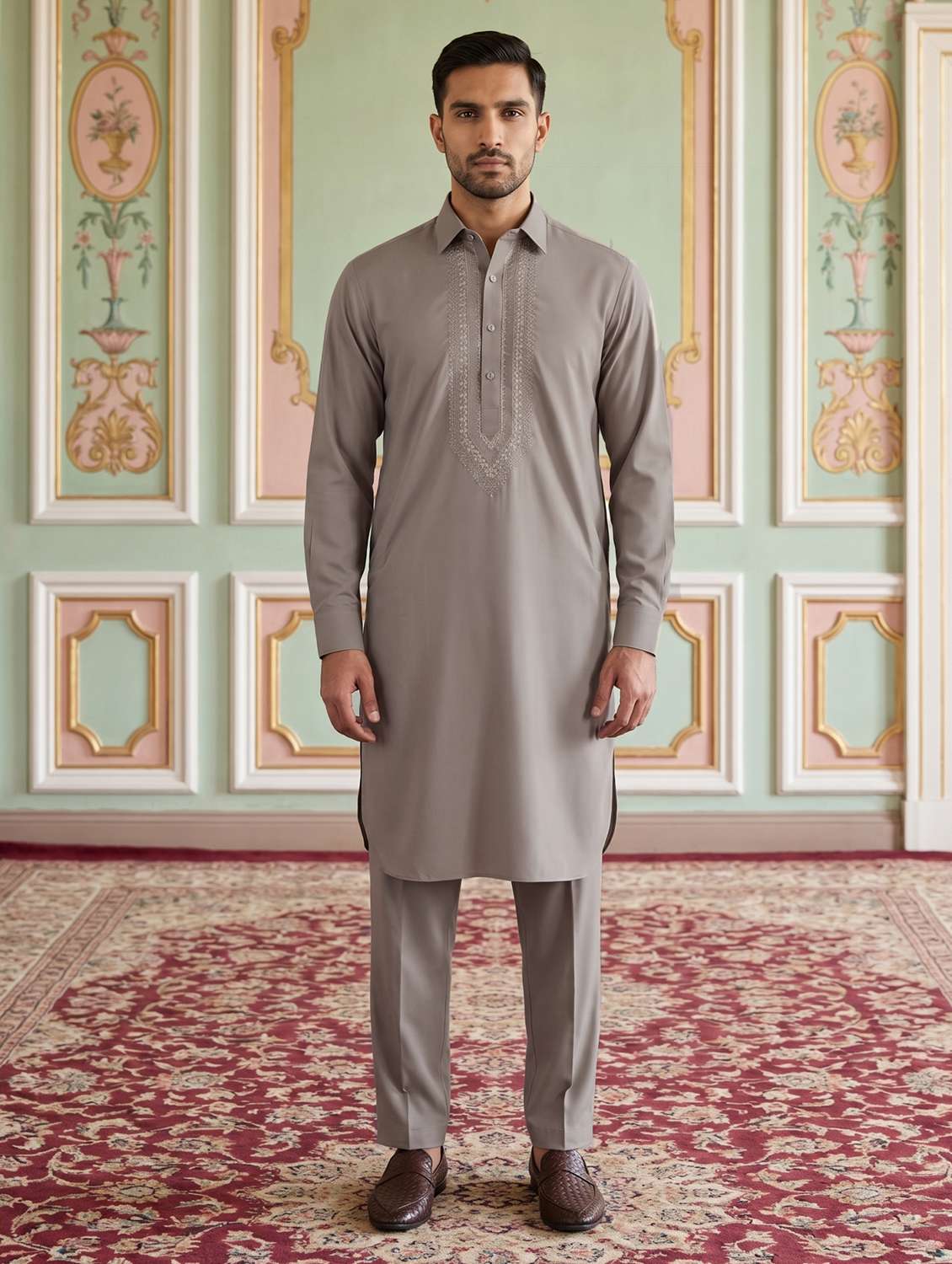 men embroidered long sleeve pathani set - 22503147 -  Standard Image - 2